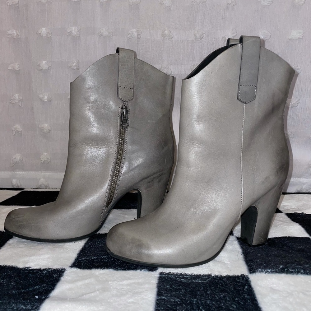 Kork-Ease Gray Leather Ankle Booties